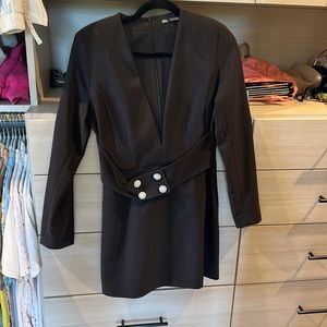 Zara mini dress black low v neck long sleeve